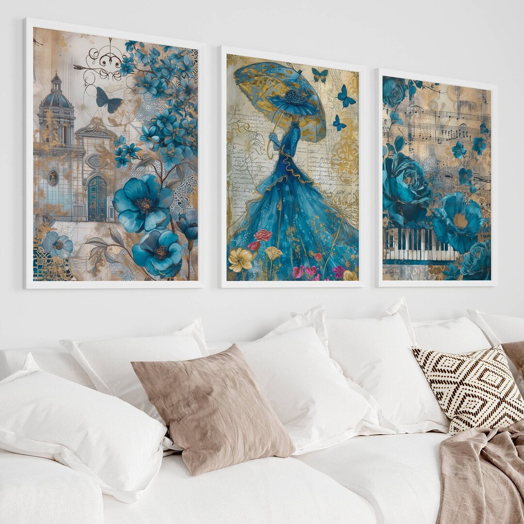 Large Teal Wall Art, Eclectic Prints, Vintage Art Style, Bohemian Wall