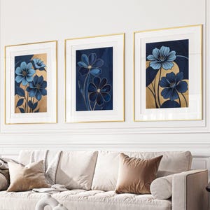 Navy blue and gold abstract wall art, set of 3, floral prints, modern art, living room decor, dining room, hallway prints, above bed art