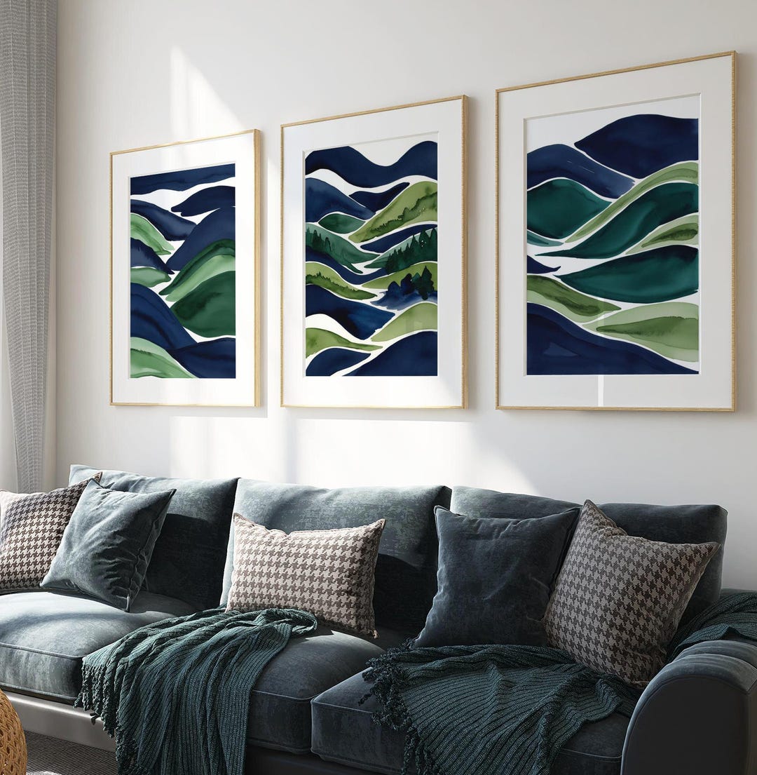 Abstract Landscape Art Prints: Navy Blue and Green - 3 Piece Set - Etsy