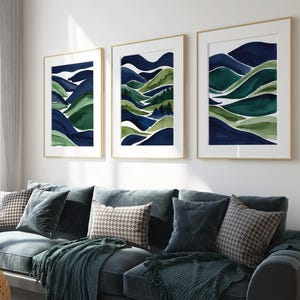 Marineblaue und grüne Landschaftskunstdrucke, abstrakte Drucke, moderne Naturdrucke, Raumdekor, Marine Wohnzimmer, Schlafzimmerkunst, 3-teiliges Set