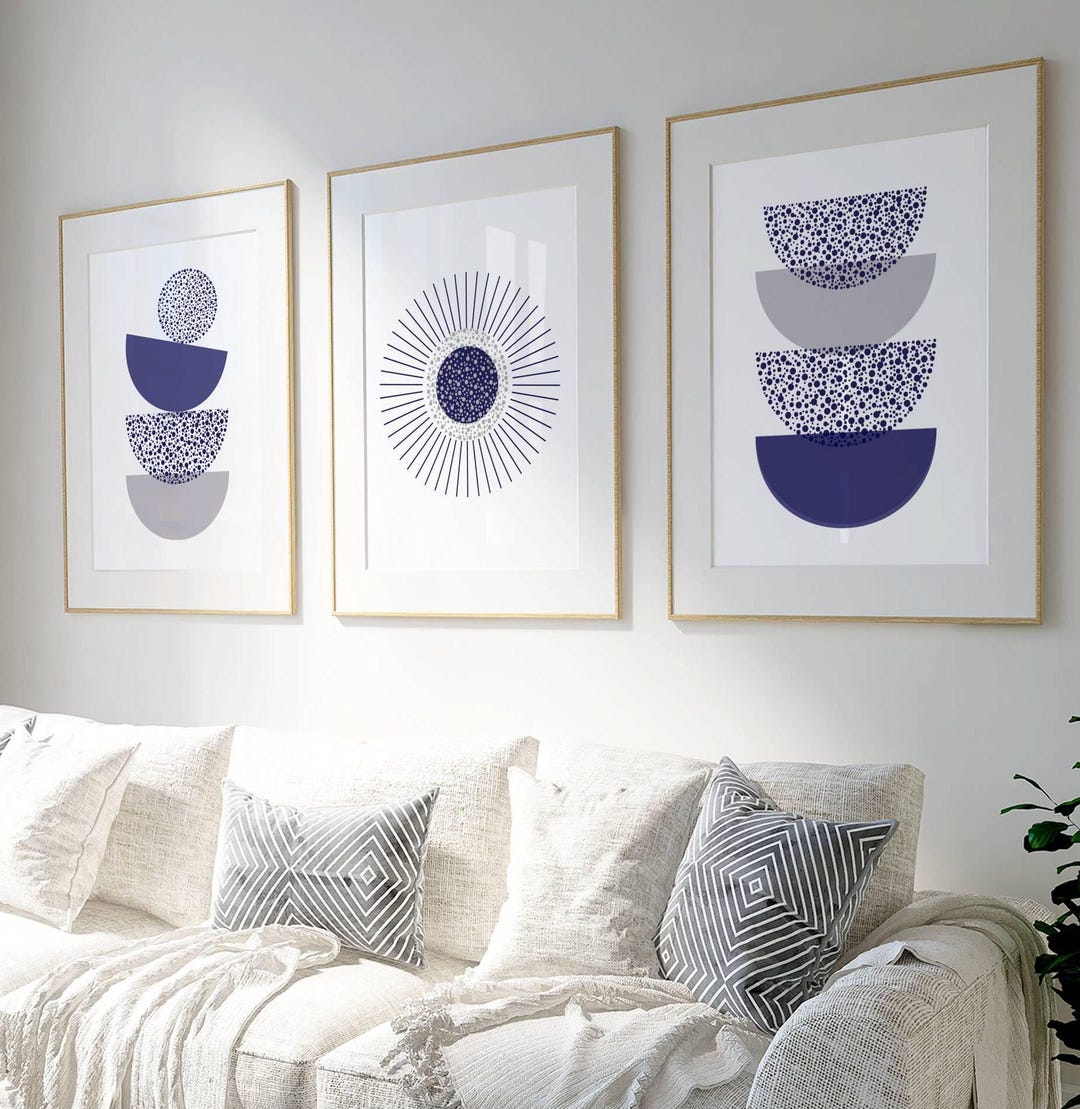 Navy Boho Wall Art Prints, Gallery Wall Set, Navy Wall Art, Set of 3
