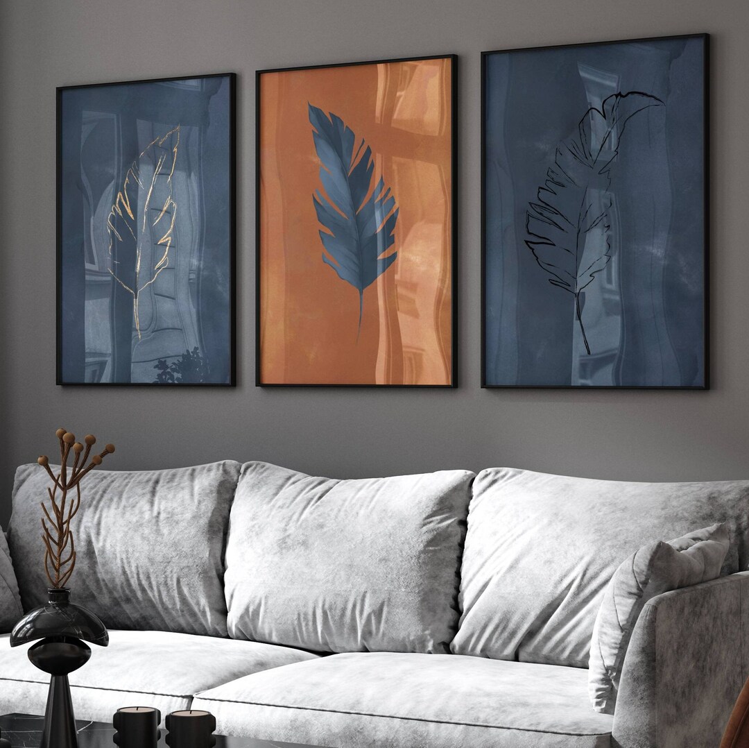 Blue & Orange Wall Art, Feather Prints, Gallery Wall Set, Navy Home