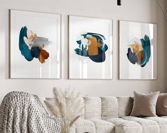 Teal Abstract Art Prints - Set of 3, Living Room Decor
