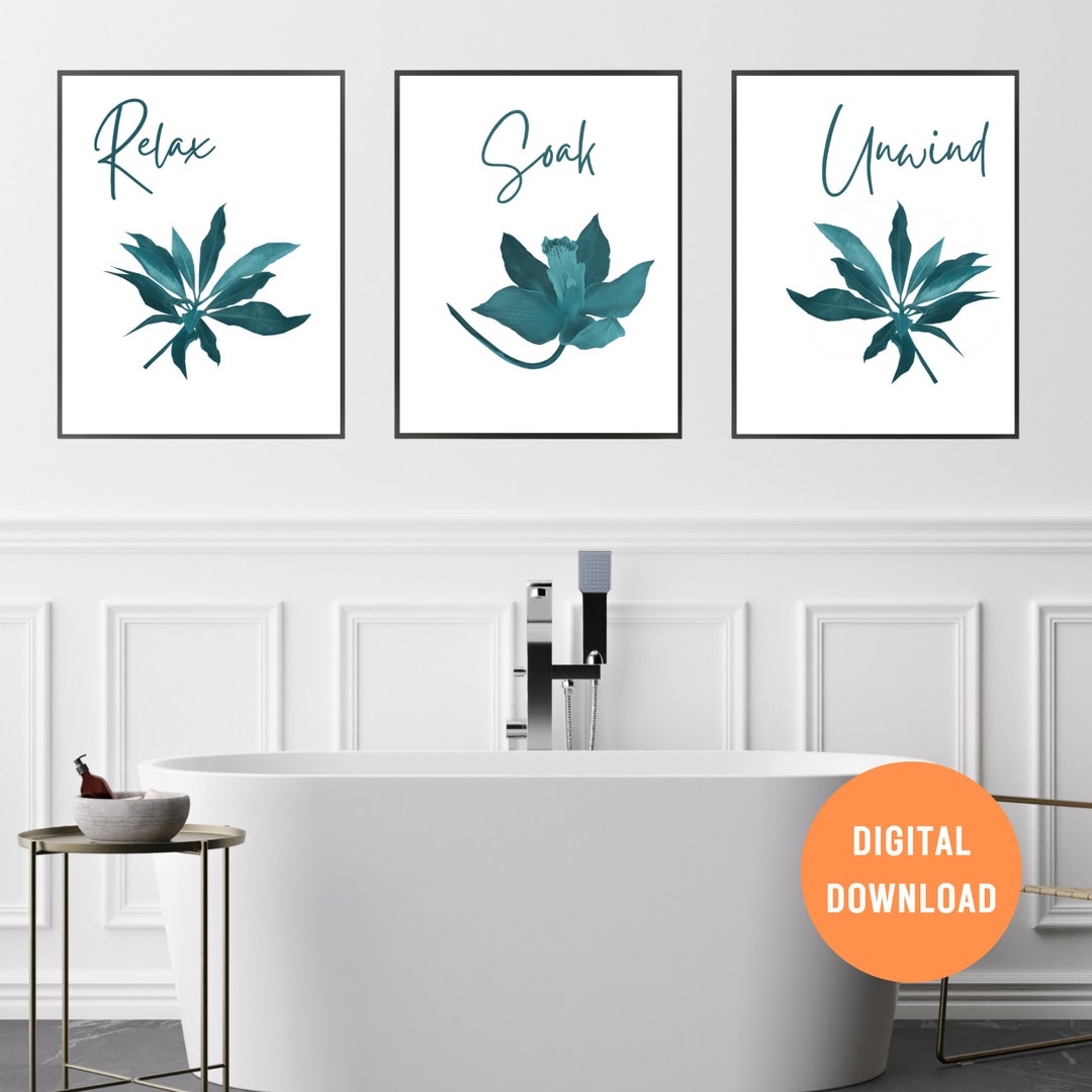Bathroom Printables, Teal Bathroom Wall Art, Set of 3 Digital Prints ...