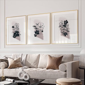 Neutral wall art, minimalist floral prints, modern home decor, living room prints, above bed art, set of 3, hallway decor, contemporary home