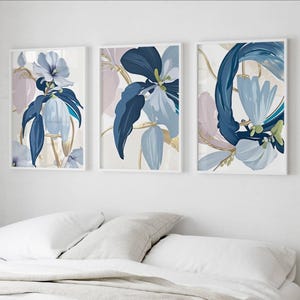 Set di 3 stampe murali blu navy, stampe floreali astratte, arte moderna, decorazioni per soggiorno, sala da pranzo, stampe per corridoio, stampe sopra il letto, stampe per ufficio