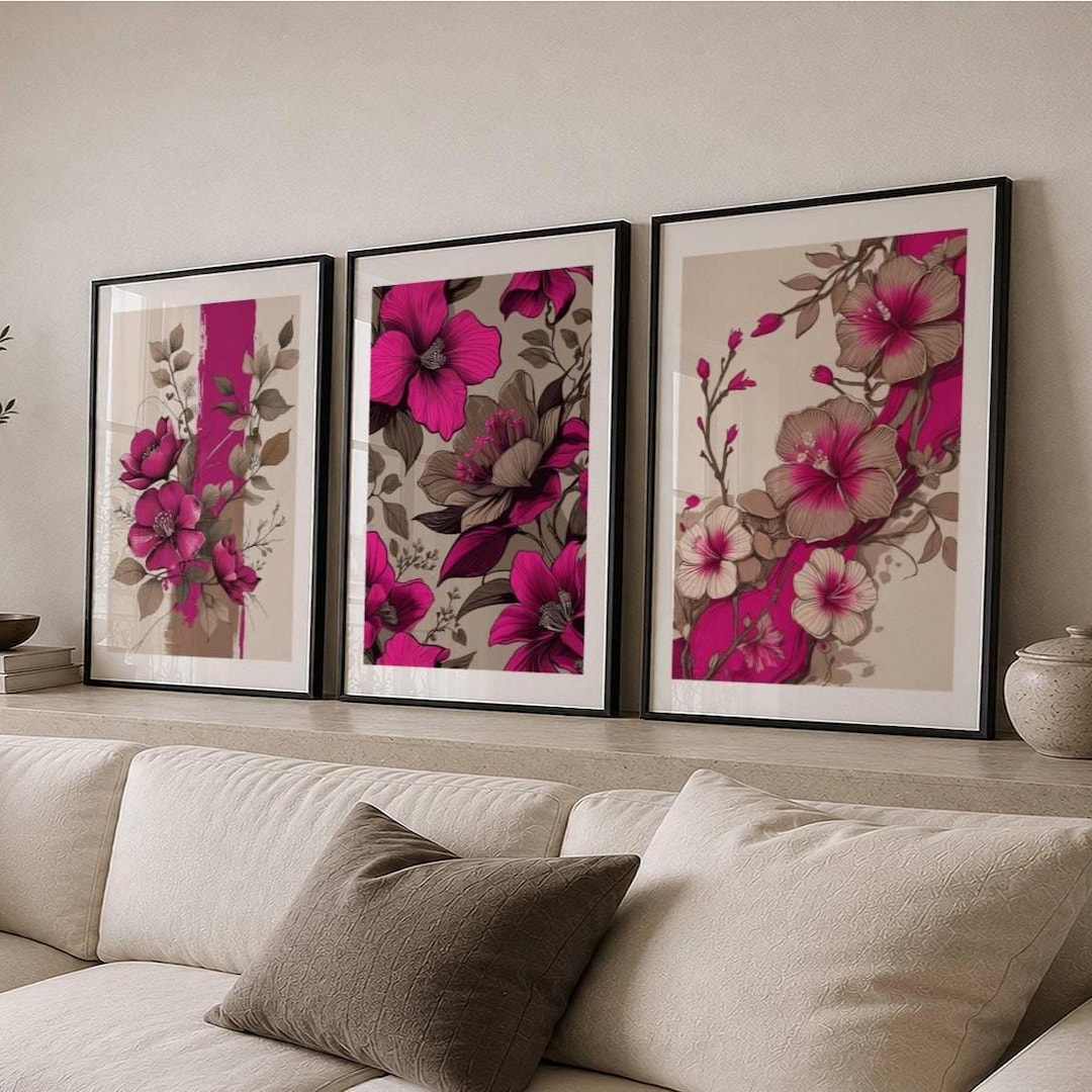 Floral Wall Art Prints: Taupe, Magenta Pink Botanical Set - Etsy
