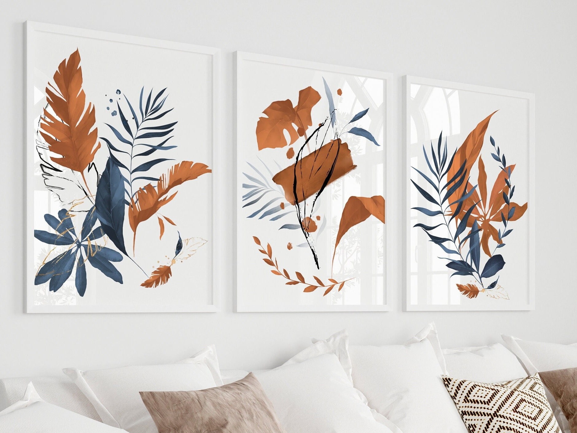 Navy Blue & Burnt Orange Plant Prints Gallery Wall Set of 3 Etsy UK