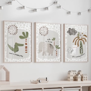 Scandinavian style safari nursery prints, new baby gift, sage green nursery, toddler bedroom prints, jungle playroom wall decor, set of 3