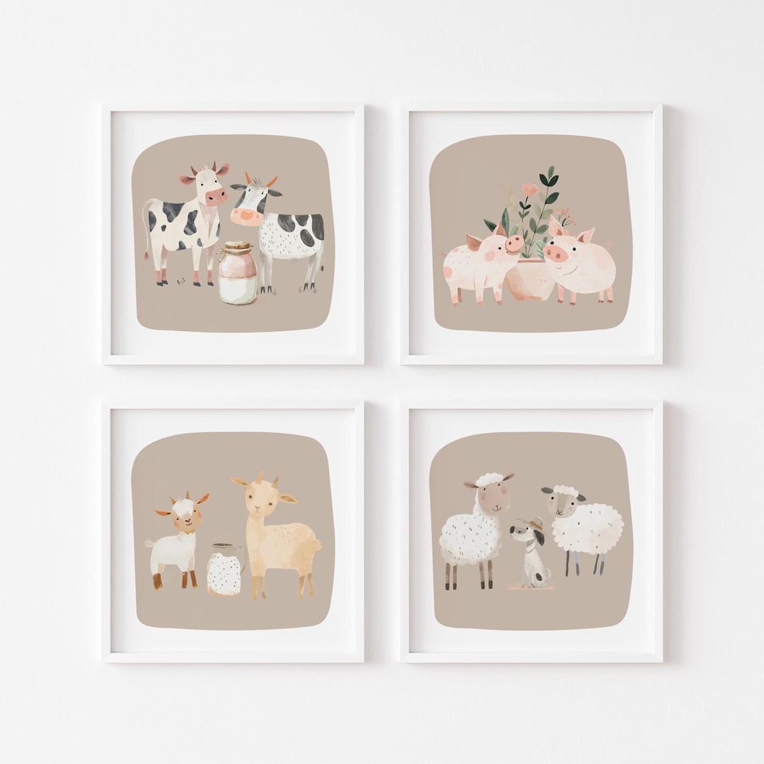 Vintage Farm Animal Nursery Prints: Taupe Square Wall Art, Set of 4 - Etsy