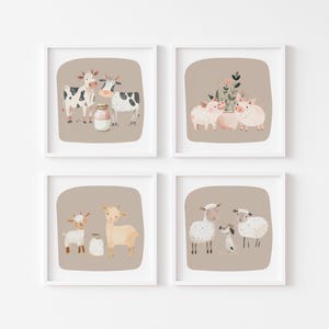 Arte murale vintage per la cameretta dei bambini, set di 4 stampe quadrate da fattoria, cameretta neutra per bambini, regalo per neonati, animali da fattoria, cameretta per bambini piccoli, sala giochi