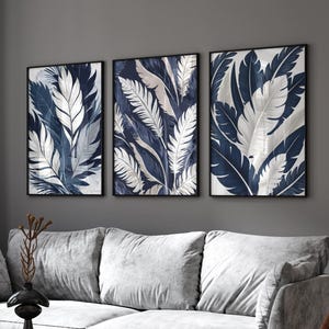 Arte murale blu navy, stampe astratte di piume, set di 3, arte murale per soggiorno, arte per camera da letto, stampe per corridoio, arredamento per la casa blu navy, arte moderna