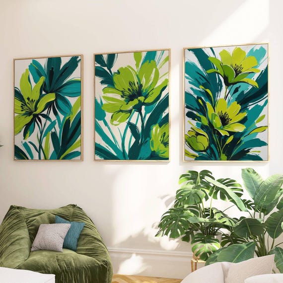 Teal & Lime Green Floral Print Set: Modern Abstract Wall Art - Etsy