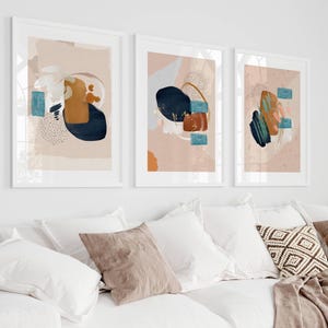 Arte murale astratta, arte murale a 3 pezzi, arte sopra il letto, stampe blu navy, verde acqua e terracotta, decorazioni per il soggiorno, stampe per il corridoio, regalo di inaugurazione della casa