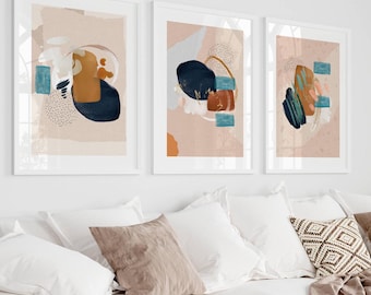 Abstract Wall Art Prints: Navy, Teal, Terracotta - Set of 3