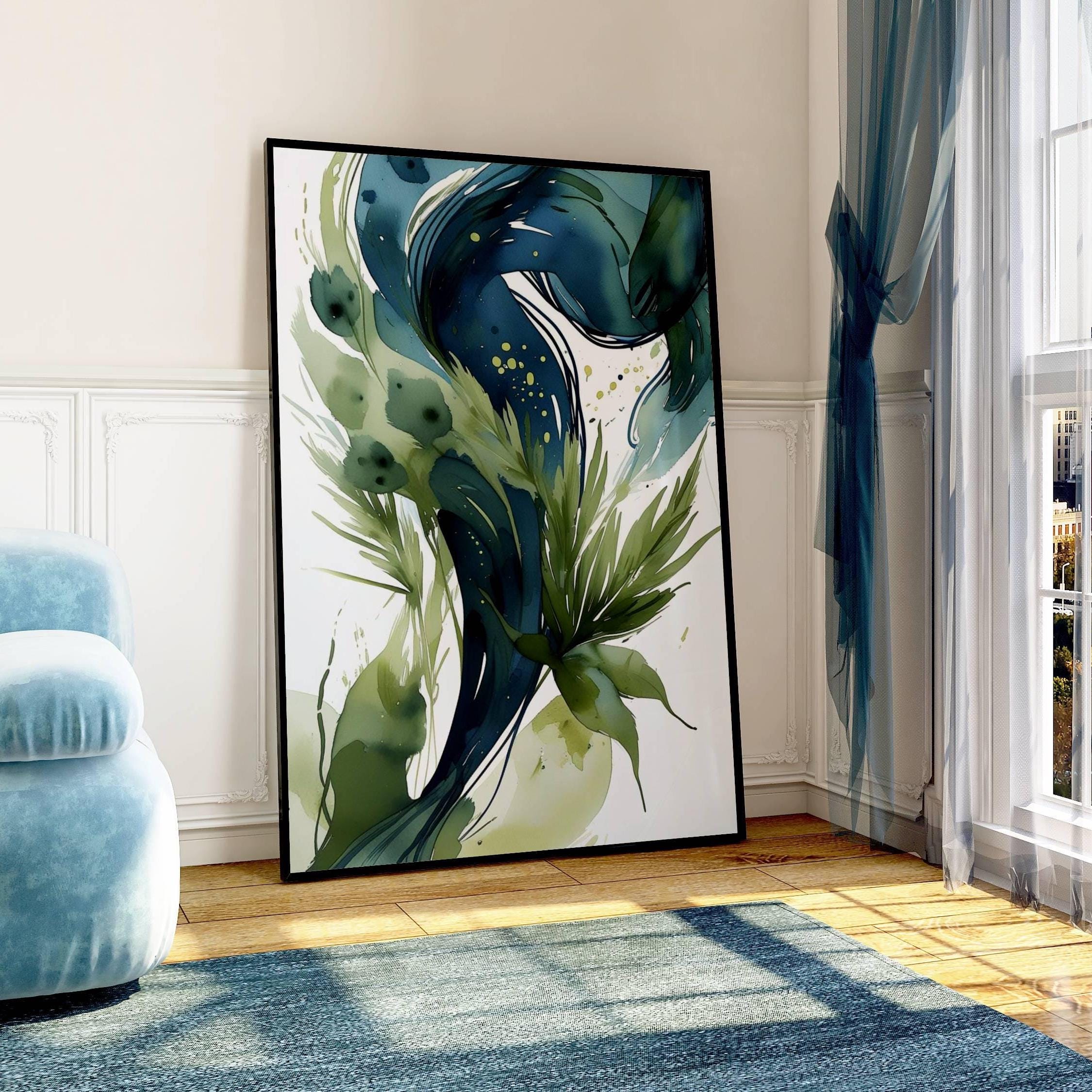 Abstract Feather Print Set: Navy Blue and Olive Green Wall Art - Etsy