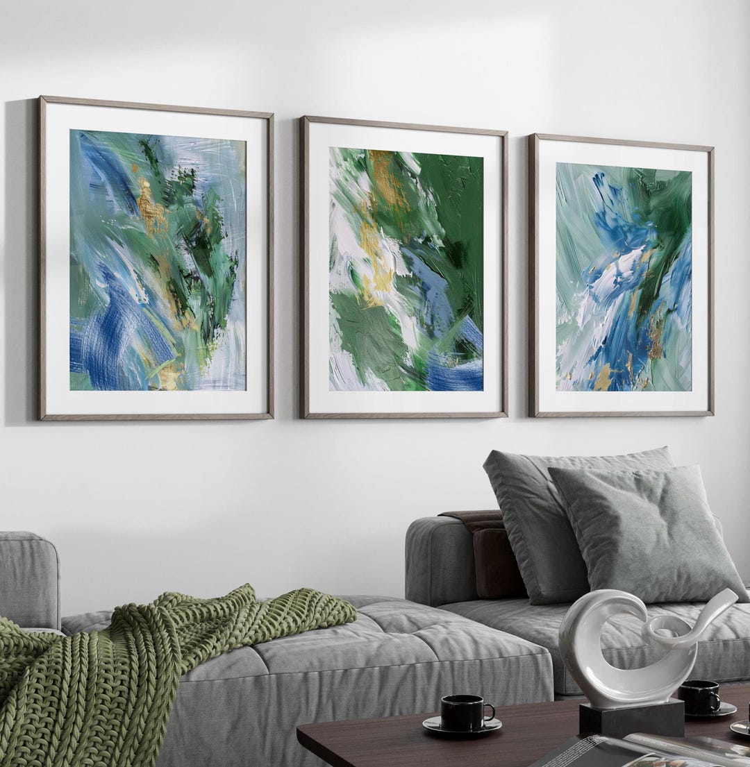 Blue and Green Abstract Wall Art Prints - 3 Piece Set - Etsy