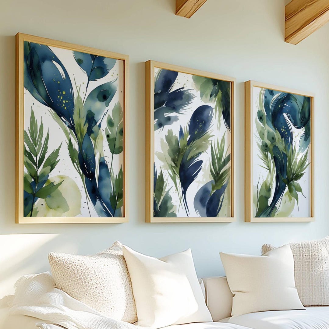 Abstract Feather Print Set: Navy Blue and Olive Green Wall Art - Etsy