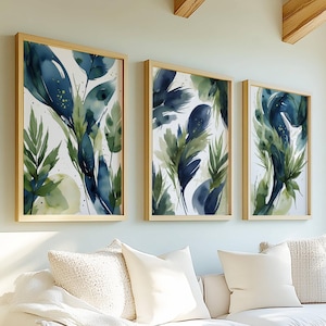 Stampe da parete blu navy e verde, stampe astratte di piume, set di 3, stampe da parete moderne per il soggiorno, decorazioni per la camera da letto, stampe sopra il letto, stampe per il corridoio