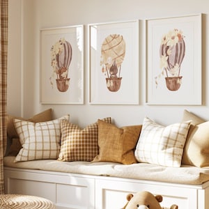 Arte murale per la cameretta dei bambini, set di 3 stampe per la cameretta dei bambini con tema boschivo, decorazioni neutre per la cameretta dei bambini, decorazioni boho per la cameretta dei bambini, mongolfiere, regalo per neonati