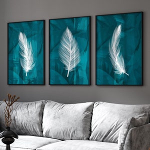 Blauwgroen muurkunst, verenafdrukken, groenblauw interieur, set van 3, moderne kunst, groenblauw woonkamerdecor, eetkamerkunst, slaapkamerinrichting, kantoorinrichting