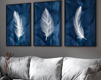 Navy blue wall art, feather prints, set of 3, living room wall art, bedroom decor, hallway prints, navy home decor, gallery set of 3