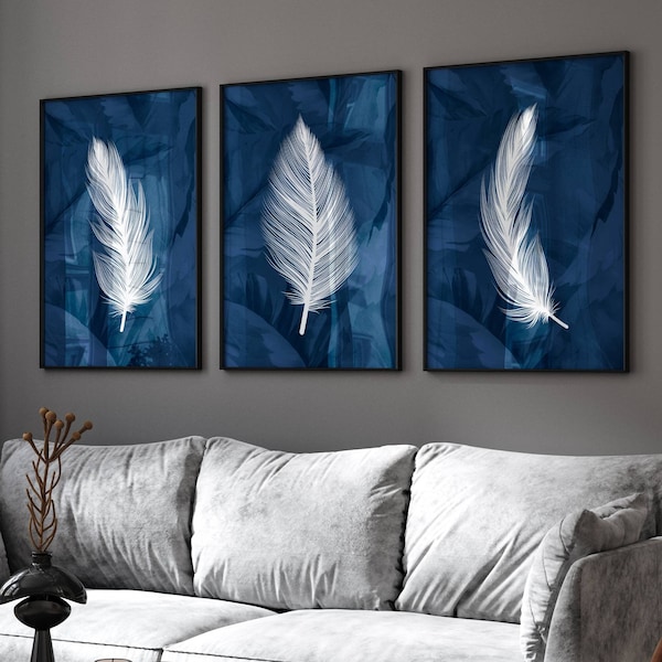 Navy blue wall art, feather prints, set of 3, living room wall art, bedroom decor, hallway prints, navy home decor, gallery set of 3