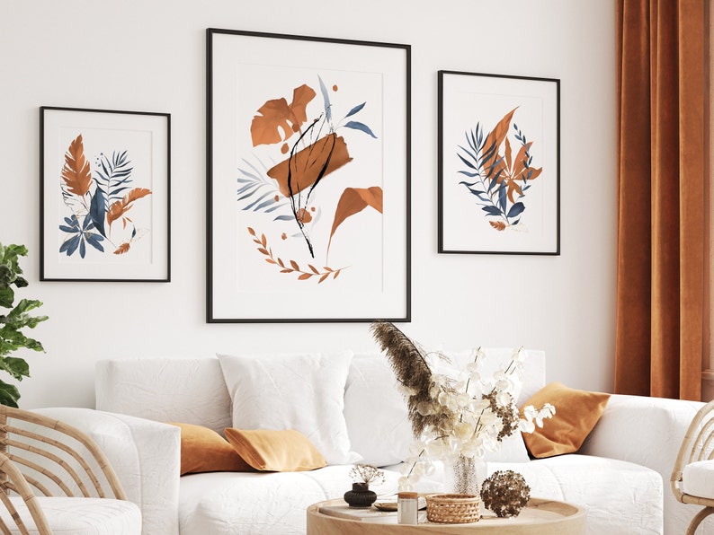 Navy Blue & Burnt Orange Plant Prints Gallery Wall Set of 3 Etsy UK