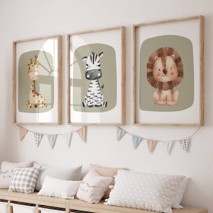 Safari Kinderzimmer Poster: Salbeigrüne Boho Wanddeko, 3er Set