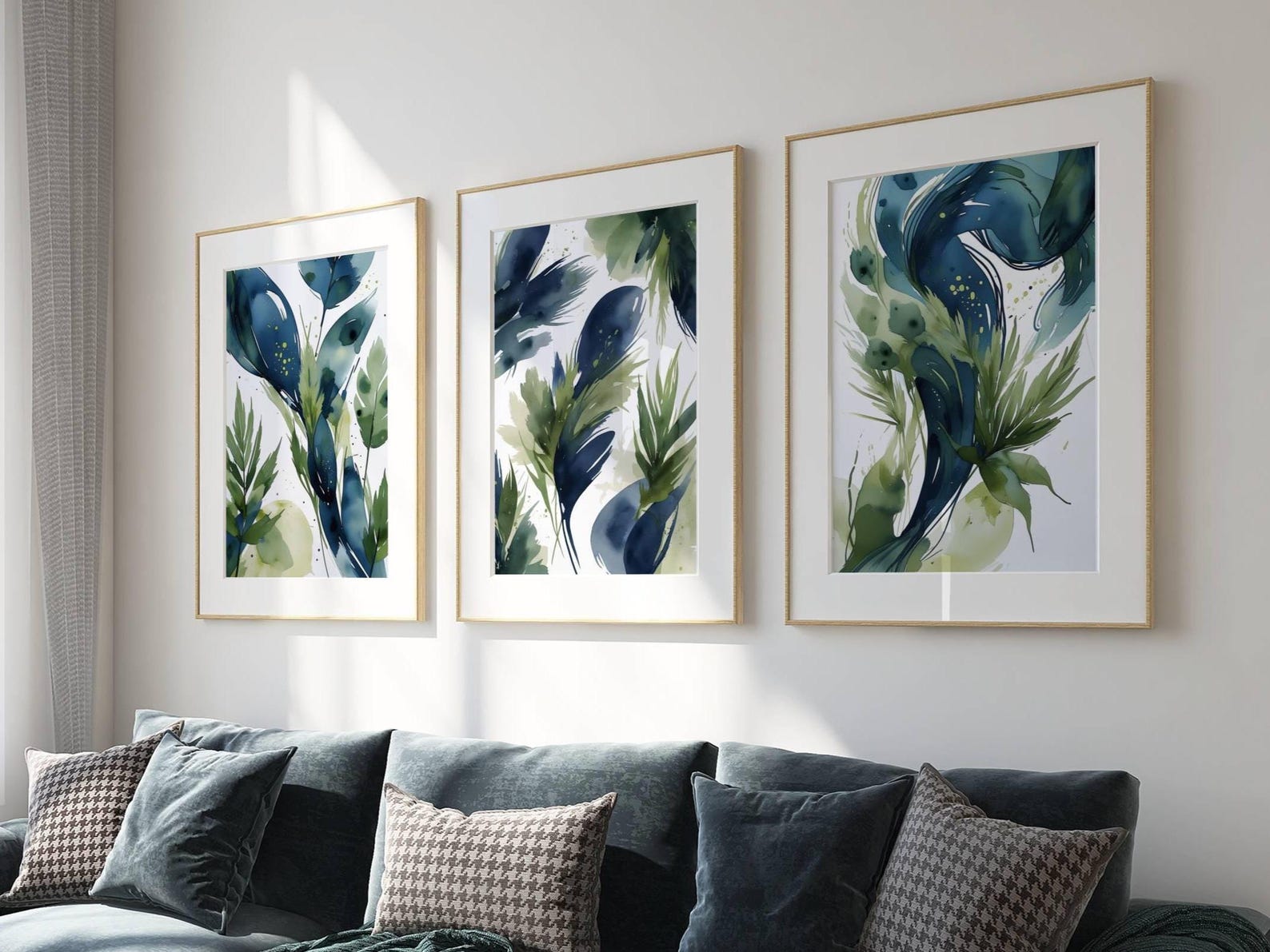 Abstract Feather Print Set: Navy Blue and Olive Green Wall Art - Etsy