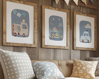 Transport Nursery Prints: Set of 3, Blue Boys Bedroom Decor, Fire Engine, Police Car, Vehicle Transporter