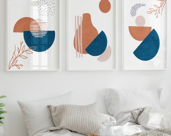 Boho home decor, gallery wall set, Boho abstract wall art prints, digital download, navy and terracotta wall art, set of 3 prints, orange