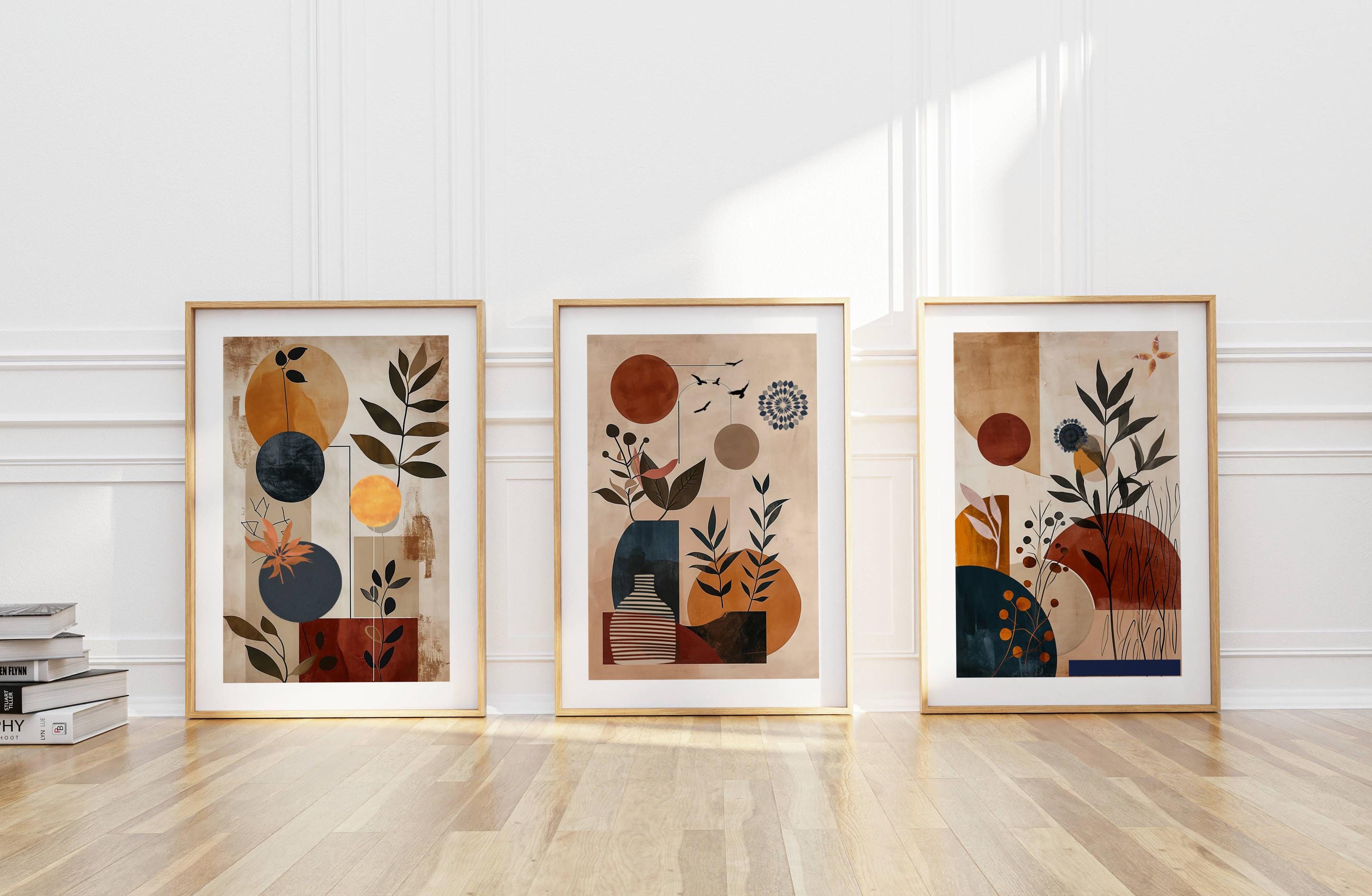 Boho Botanical Wall Art Prints: Abstract Navy Terracotta Set of 3 ...