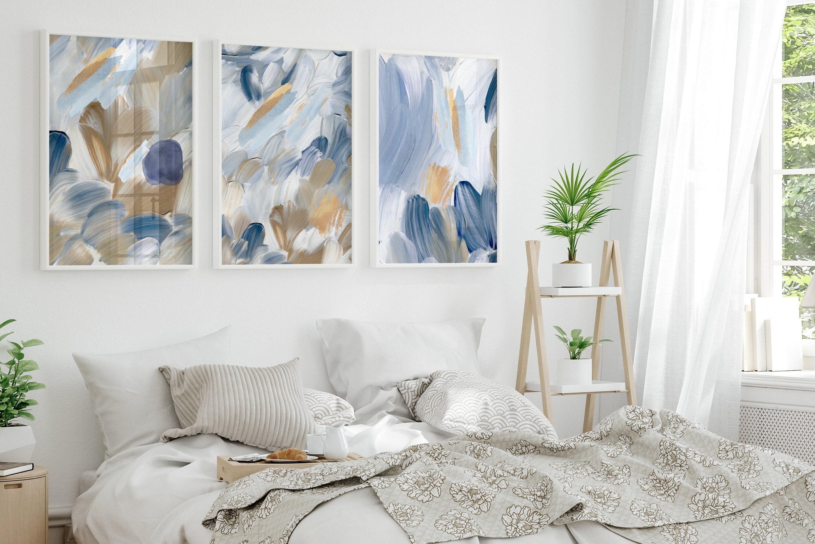 Blue Abstract Wall Art Prints - Set of 3 - Taupe Accents - Etsy