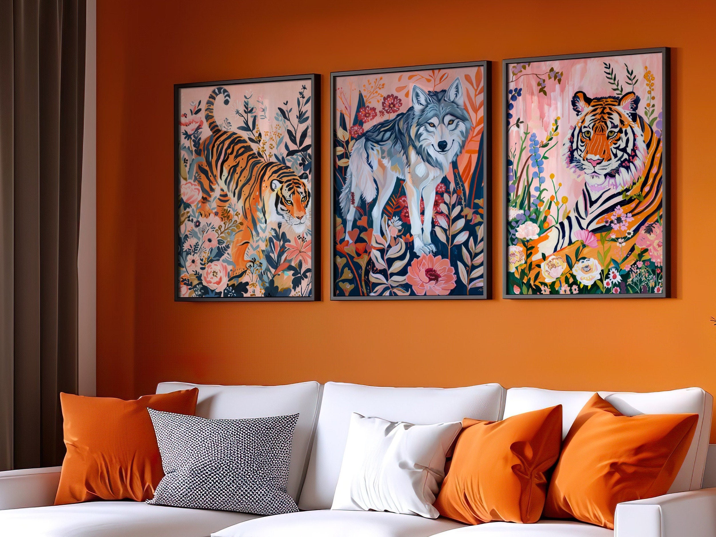 オレンジ色の虎と狼のプリントセット：抽象的なサファリ動物のウォールアート - Etsy 日本, image size:2504x1878