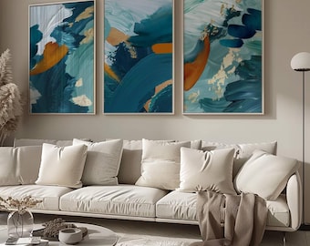 Teal Abstract Wall Art Prints: Terracotta Accent, 3 Piece Set