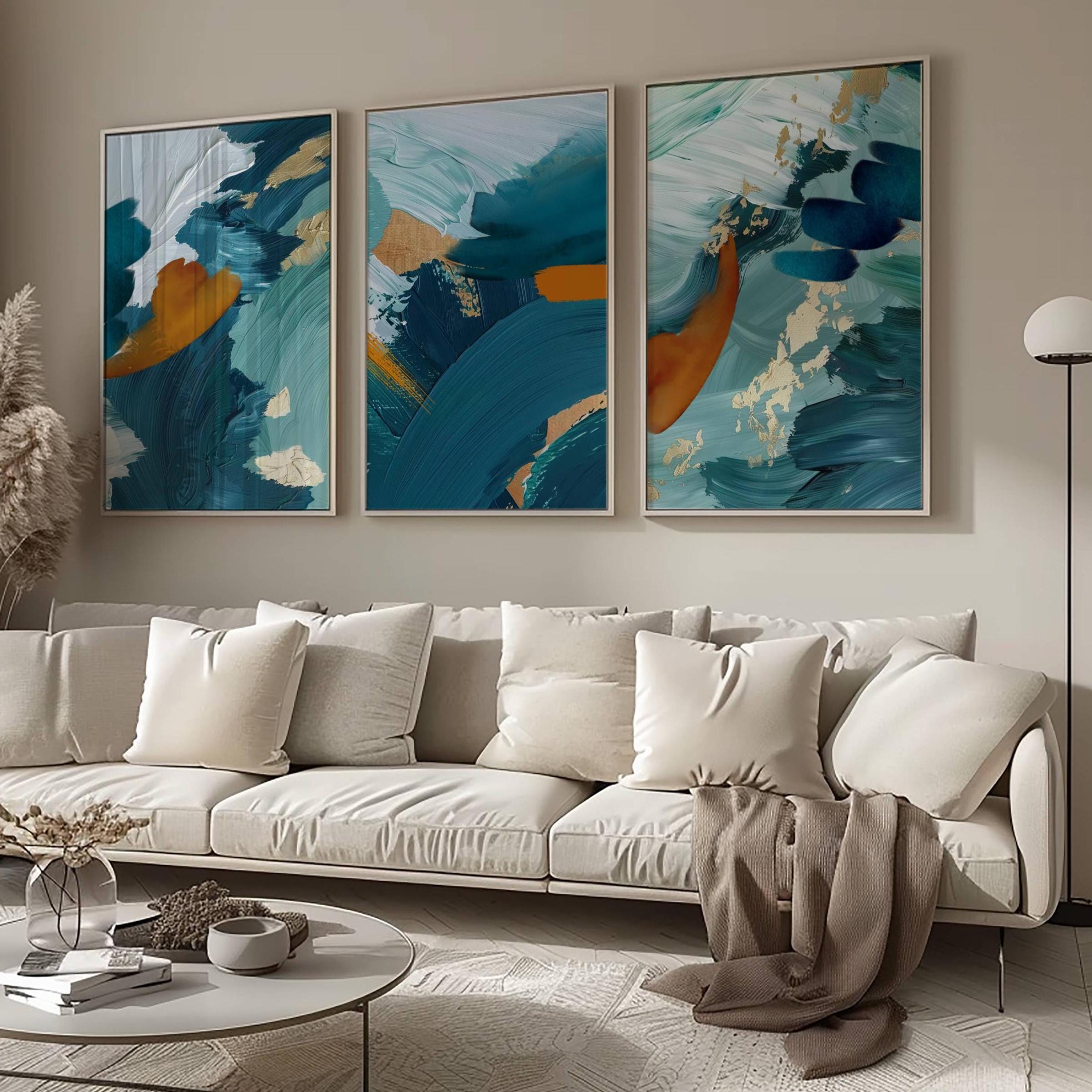 Teal Abstract Wall Art Prints: Terracotta Accent, 3 Piece Set - Etsy