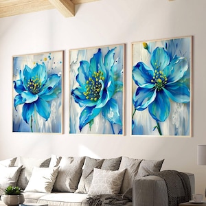 Blue flower wall art, set of 3, floral prints, modern art, bedroom decor, living room wall art, dining room, hallway prints, above bed art