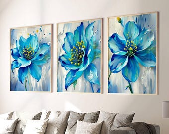Living Room Wall Art Prints - Set of 3 - Blue Modern Home Decor