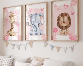 Pink Safari Nursery Prints: Jungle Animals Wall Art, Set of 3