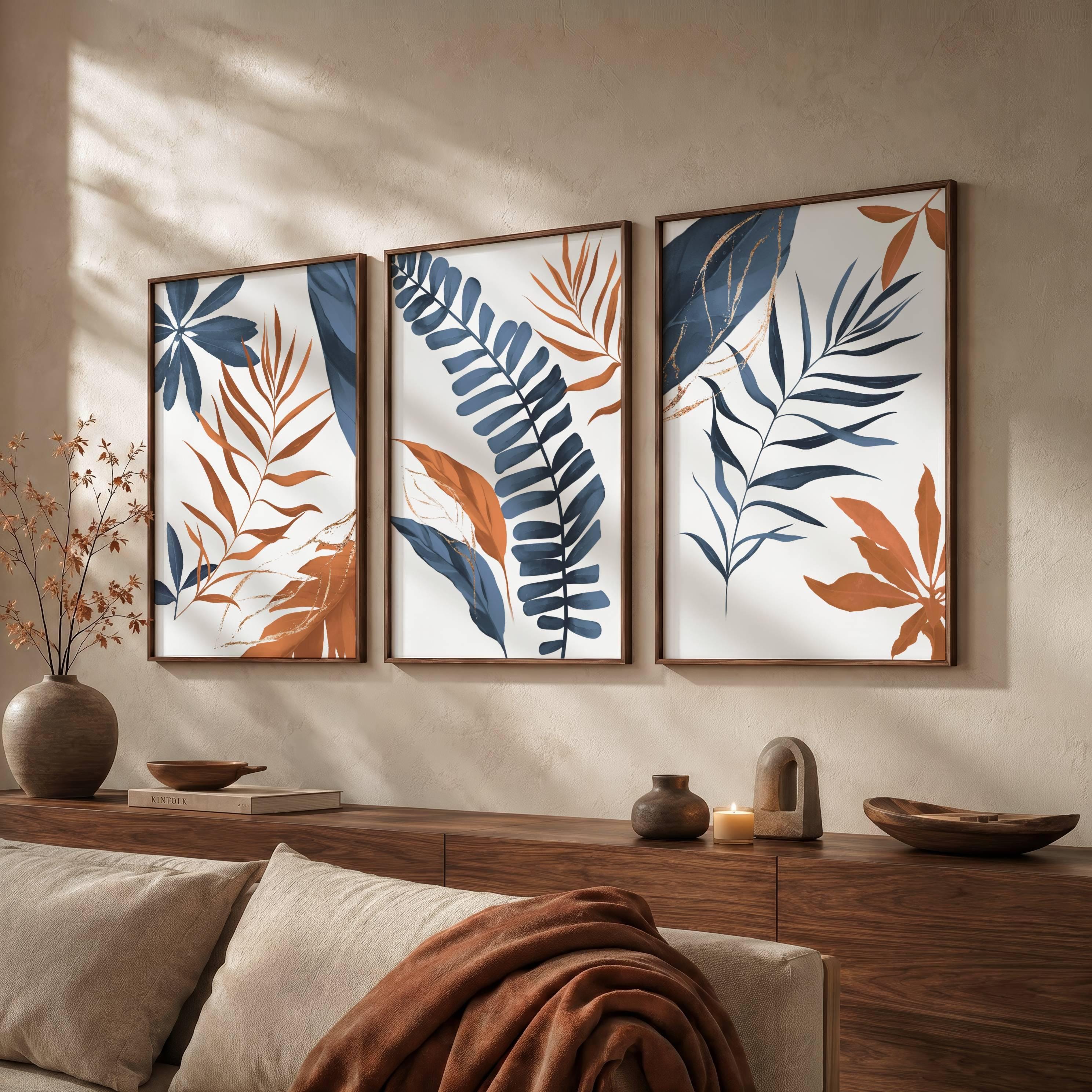 【 L出品 】 50×40cm size art Navy & Burnt Orange Botanical Print Set: Gold Accent Gallery Wall