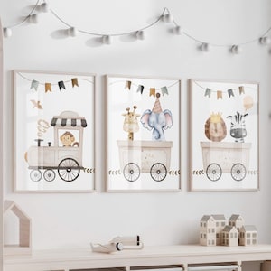 Stampe per bambini con tema safari, stampe murali con treni, set da 3, decorazioni neutre per bambini, animali del safari, stampe murali per la sala giochi, cameretta per bambini, regalo per neonati
