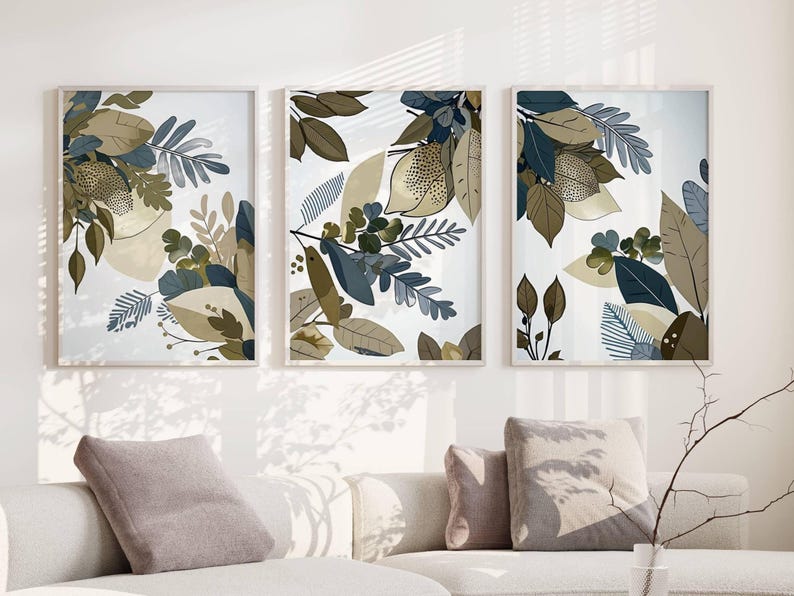 Abstract Plant Art Prints: Navy Blue & Sage Green, Set of 3 - Etsy