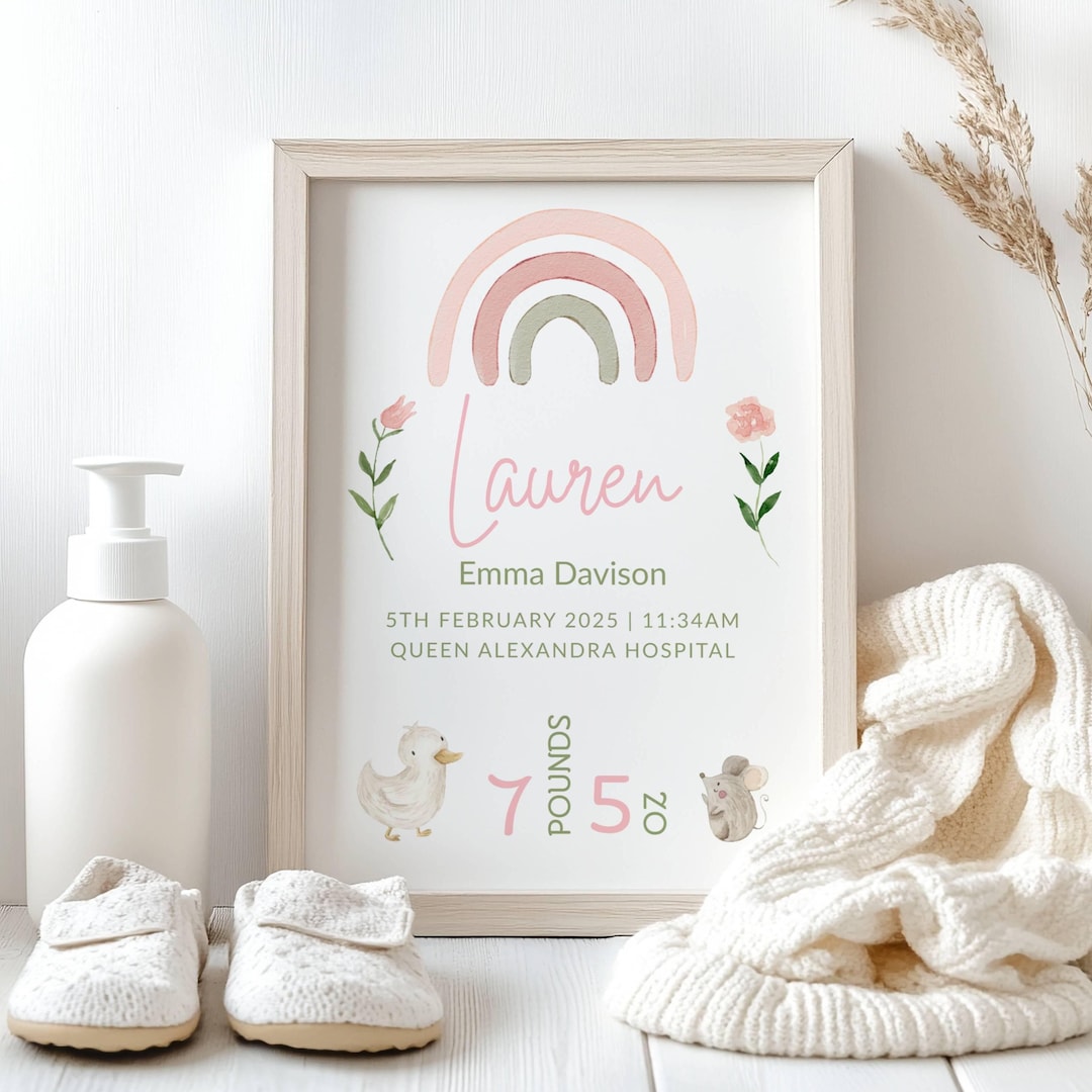 Personalised Baby Girl Birth Announcement Print: Newborn Nursery Decor ...