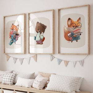 Nursery prints, woodland fox & bear prints, kids room decor, neutral nursery wall art, playroom prints, toddler bedroom, new baby gift