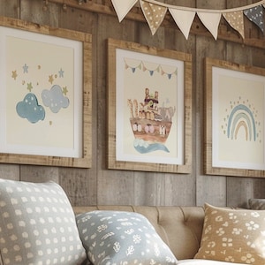 Stampe quadrate per la cameretta dei bambini "Arca di Noè", set da 3, cameretta neutra per bambini, regalo per neonati, tema animali, animali da safari, cameretta per bambini piccoli