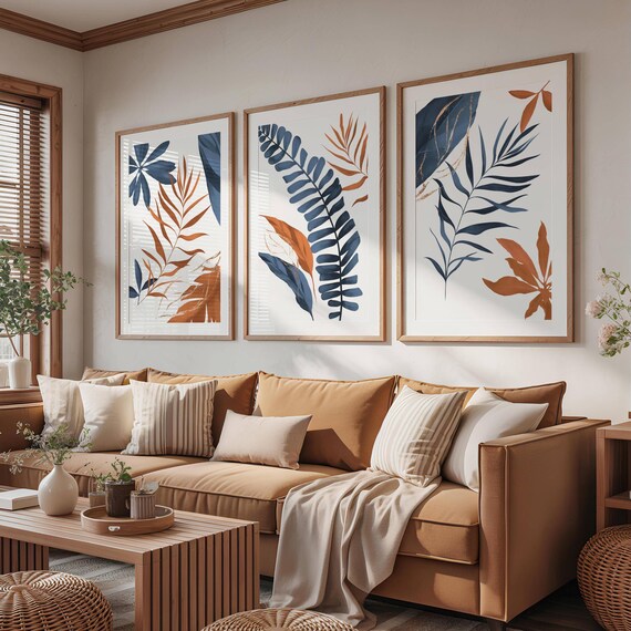 Navy & Burnt Orange Botanical Print Set: Gold Accent Gallery Wall
