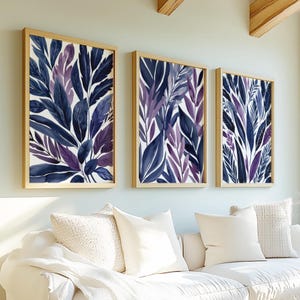 Arte murale blu navy, stampe floreali, arte murale astratta per soggiorno, arredamento per la casa blu navy e viola, arte sopra il letto, stampe per corridoio, set da 3 pezzi