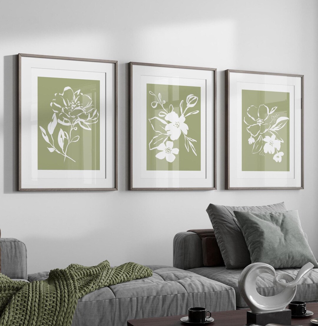 Sage Green Floral Wall Art Set: Abstract Botanical Prints, Set of 3 - Etsy