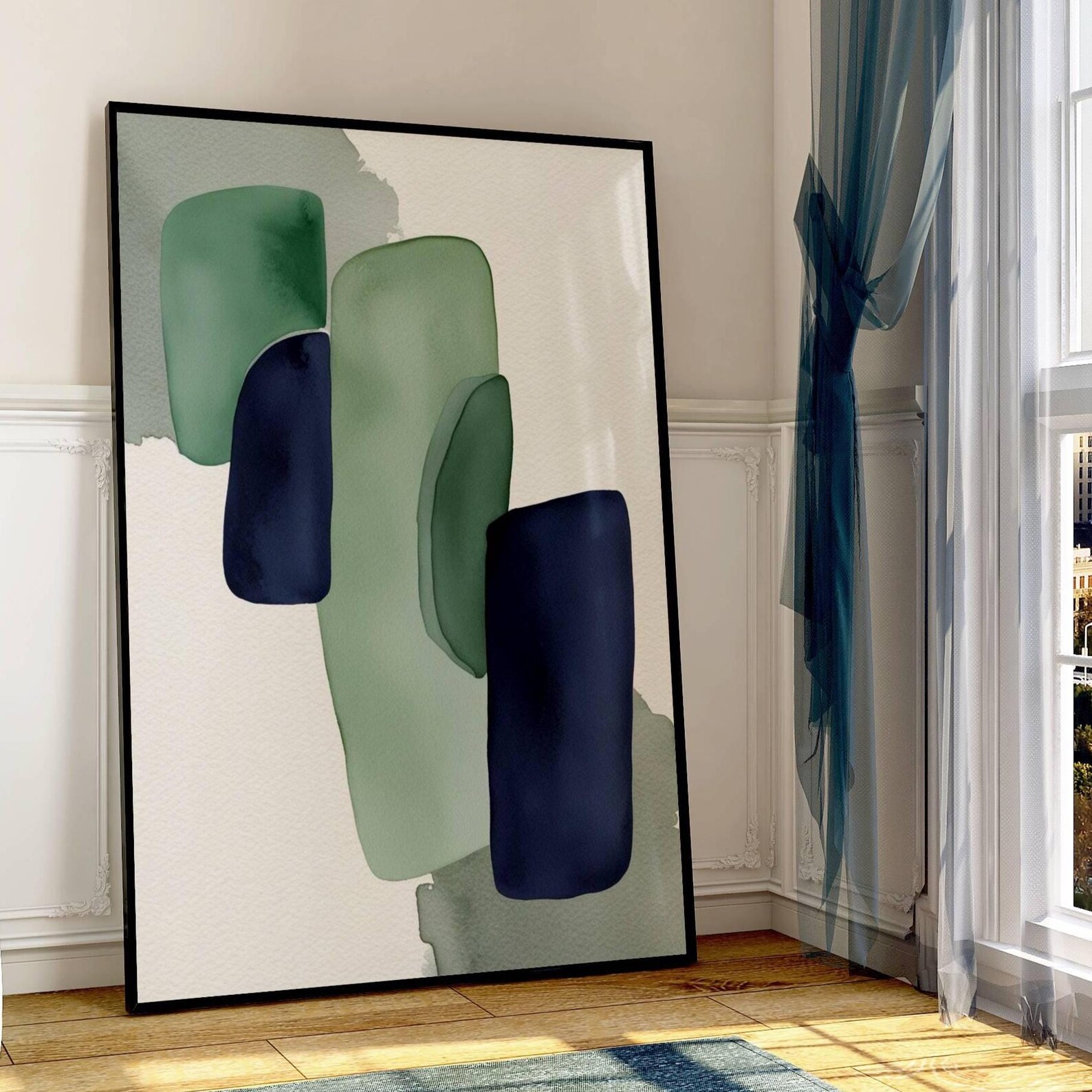 Abstract Wall Art Prints: Navy Blue and Green Modern Set of 3 - Etsy